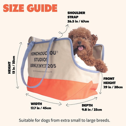 Small dog resting comfortably inside Monchouchou canvas carrier