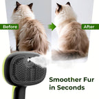 Pecute self cleaning brush removing loose undercoat fur from a cat