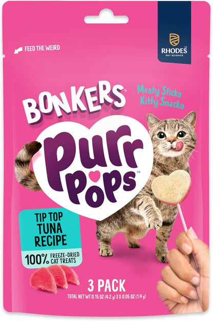 Bonkers freeze dried tuna cat lollipop treats interactive bonding snack held by hand.