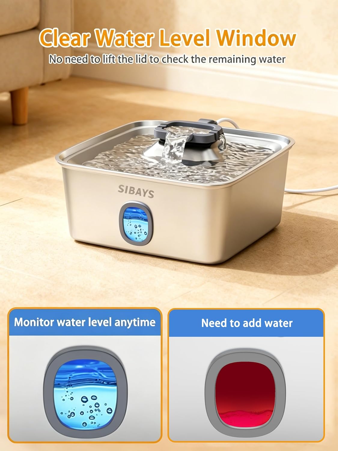 Side profile of SIBAYS stainless steel automatic pet water bowl