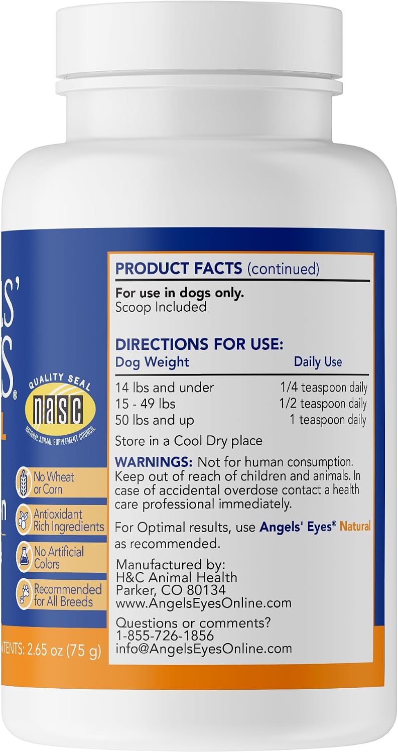 Angels' Eyes dog eye health supplement powder showing the included measuring scoop.
