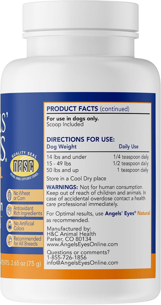 Angels' Eyes dog eye health supplement powder showing the included measuring scoop.