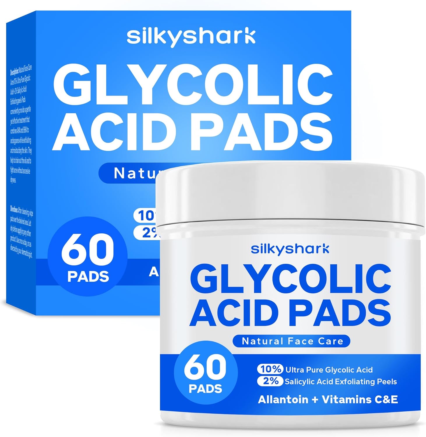 SilkyShark Glycolic Acid Resurfacing Pads front view jar containing 60 exfoliating cotton pads.