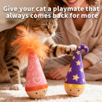 Self righting wooden cat toy by Lulu's world spinning on carpet