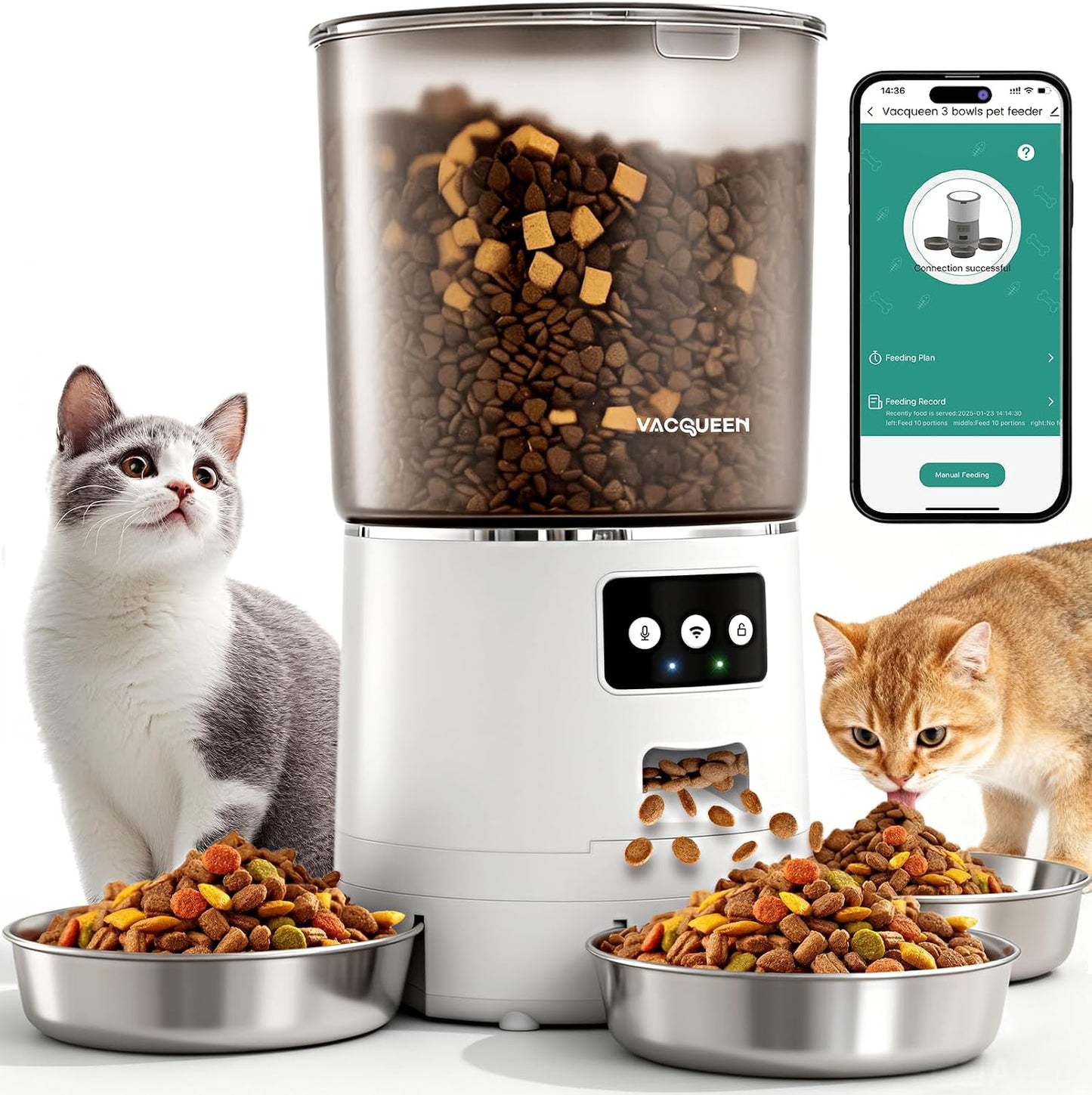 Automatic Cat Feeder for 3 Cats, 6L/25 Cups Smart WiFi Pet Feeder, Strong Anti-Jam System, Dual-Effect Desiccant Cat Food Dispenser, with 10S Voice Recorder for Cats and Small Dog(Black) - Image 9