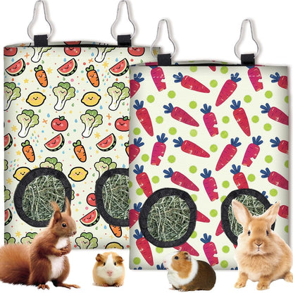 2Pcs 2 Styles Small Pet Hanging Hay Bag Pink Hay Feeder Bag with 2 Holes Bowknot Pattern Cloth Washable Rectangle Feeding Storage for Rabbit Chinchillas Hamsters Guinea Pigs 12 x 9 Inch - Image 10