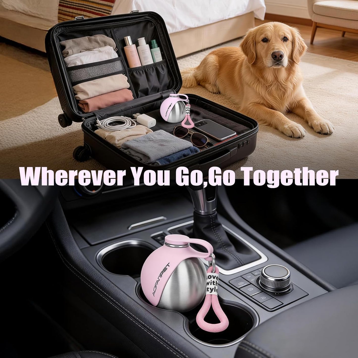 No-spill travel dog water dispenser placed inside a travel backpack
