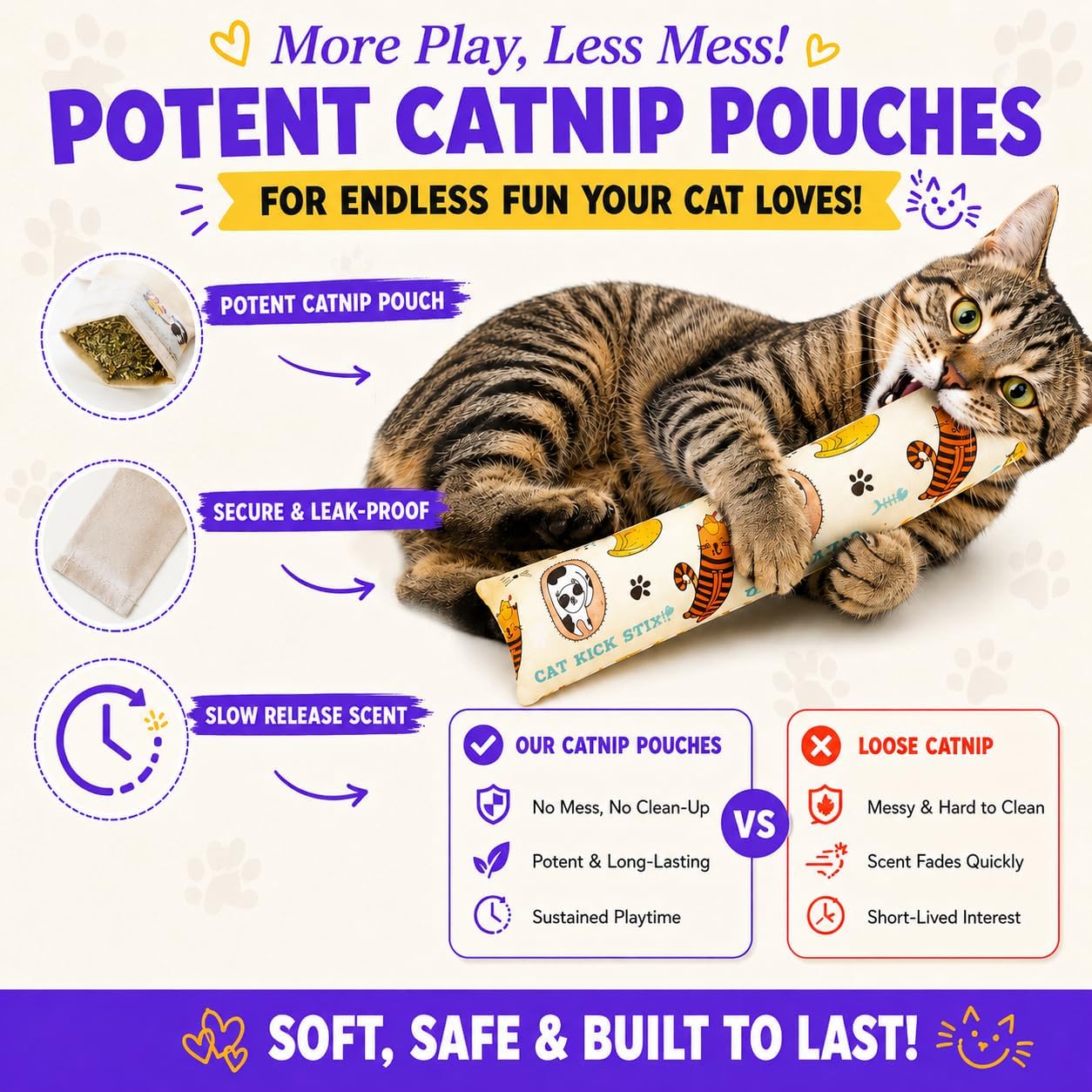 Durable fifteen inch cat wrestling toy demonstrating double stitched edges for safety.