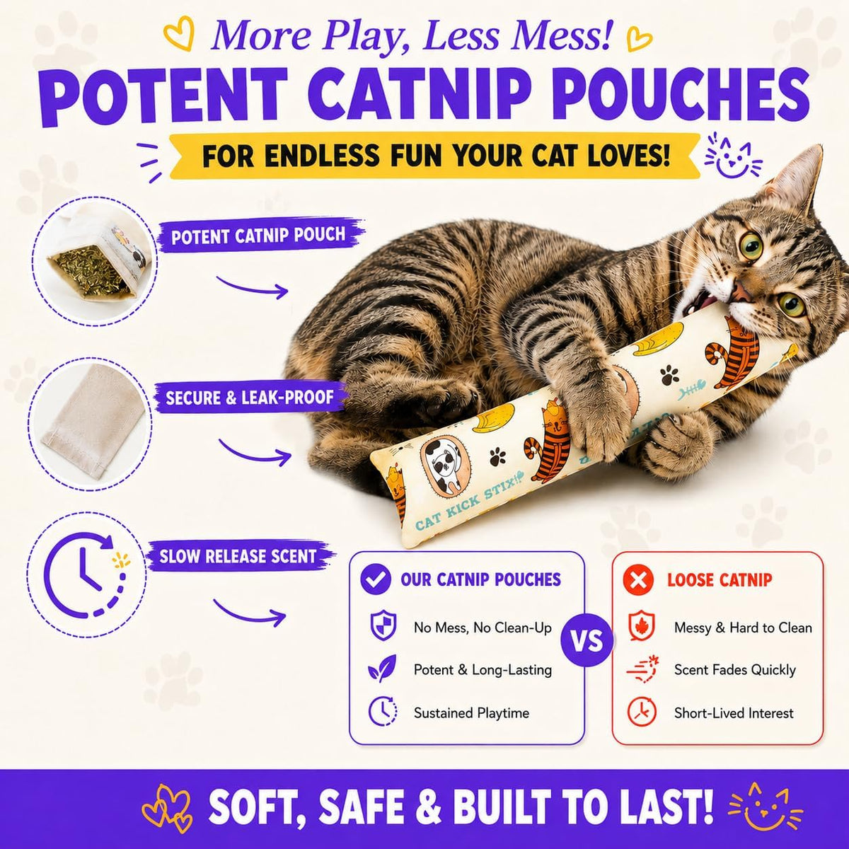 Two 15 inch cat kicker toys displayed side by side