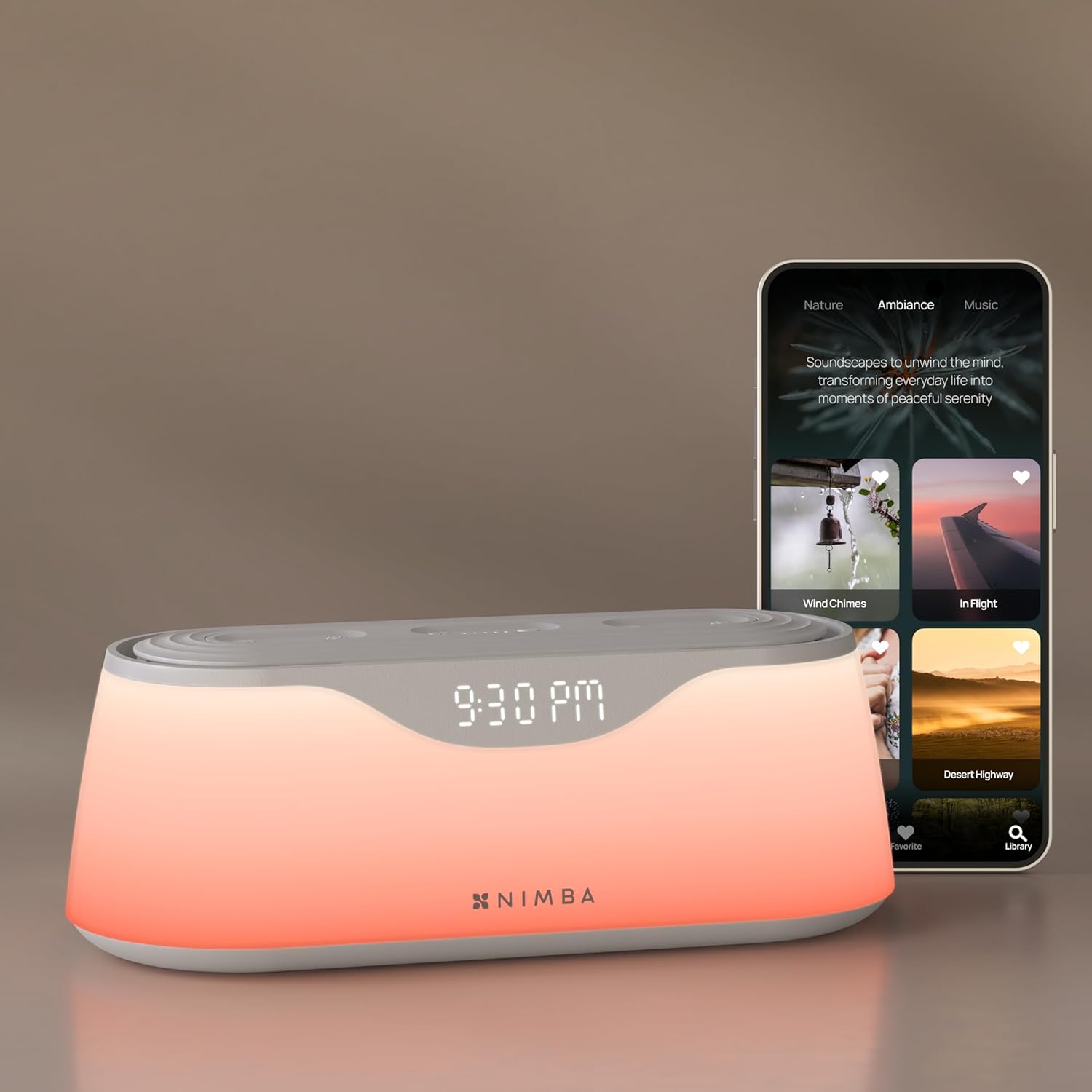 Nimba OFLO sunrise alarm clock front view displaying glowing warm light therapy mode