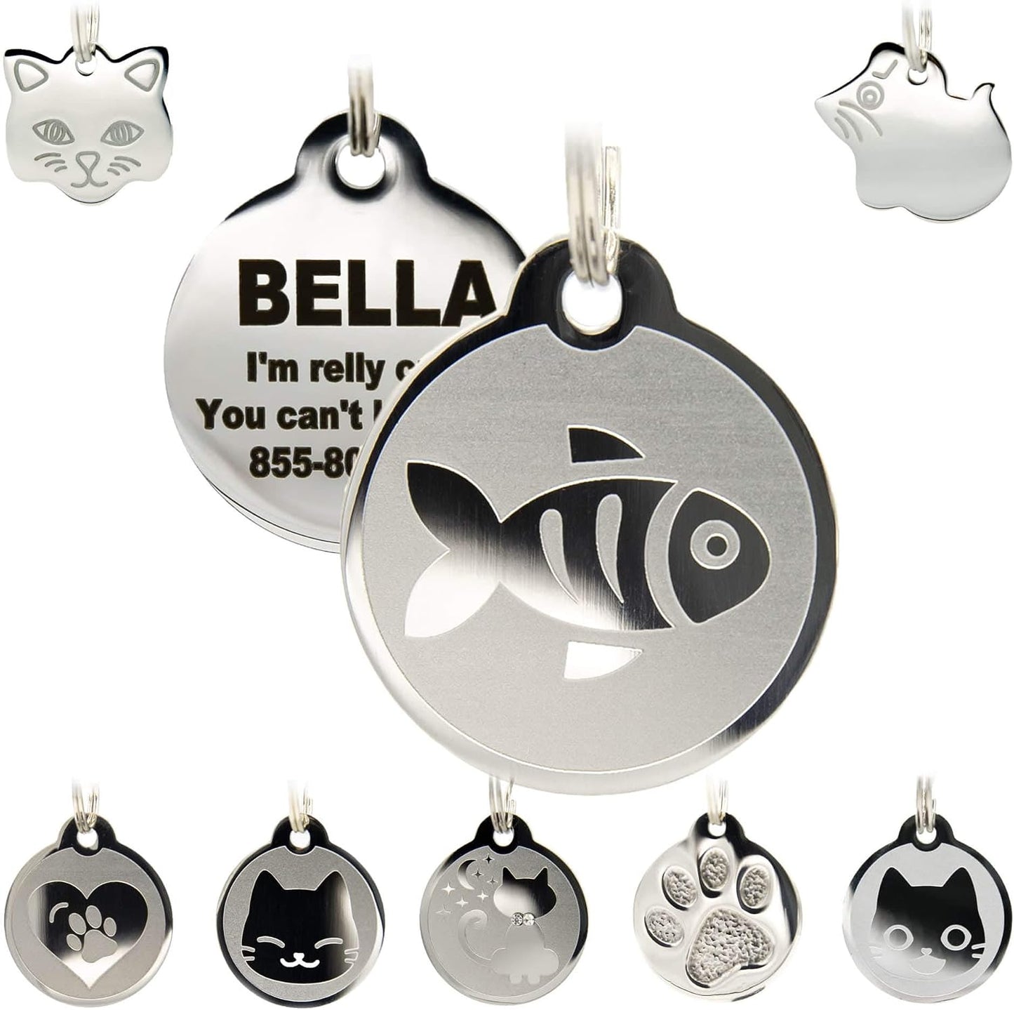 Customizable pet collar identification tag in a cute kitten silhouette shape