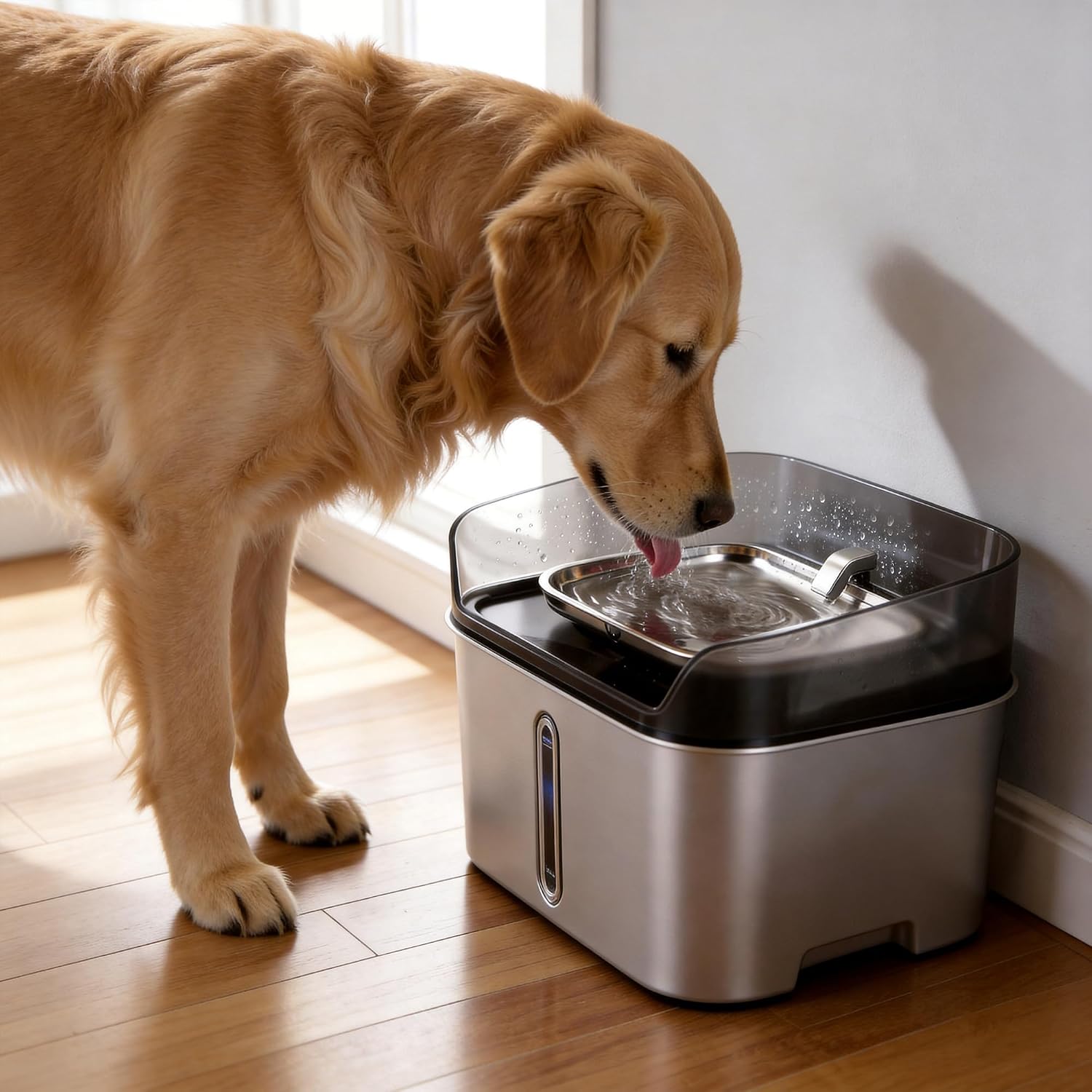 Sharlovy large dog water fountain showing 7 centimeter splash barrier