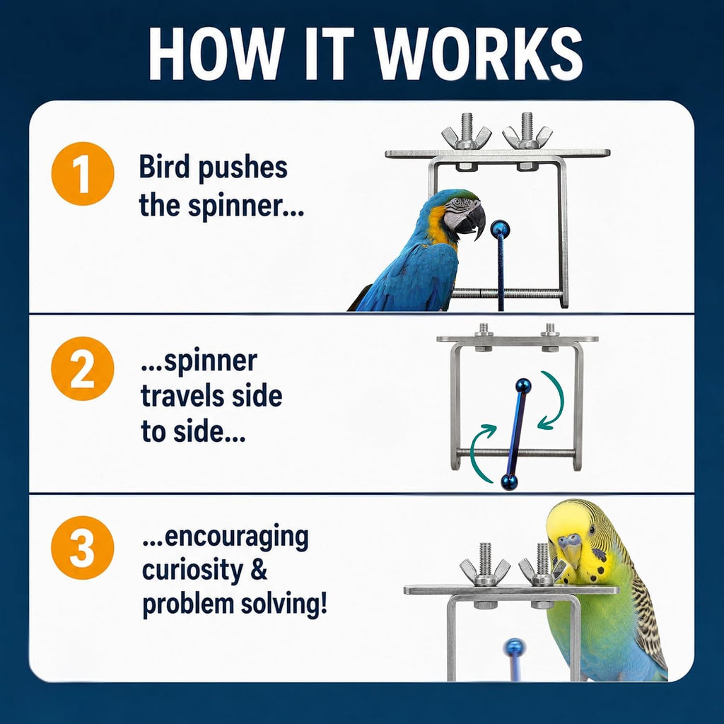 Side profile of Busy Bird foraging puzzle toy mounted on wire cage