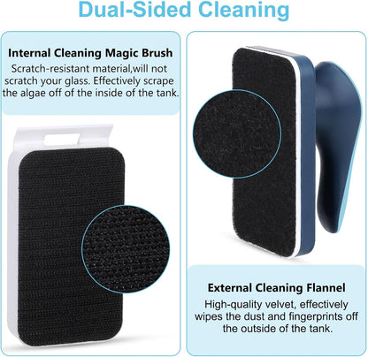 Fishkeeper small magnetic cleaner attached to the corner of a clear glass aquarium.