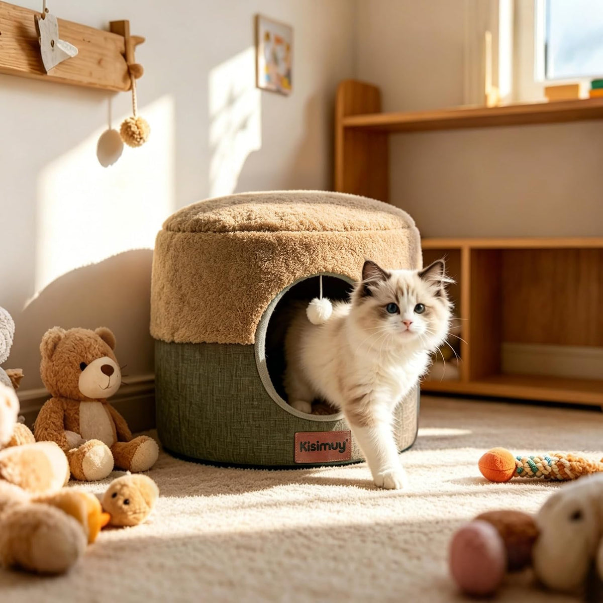 2-in-1 Foldable Cat Bed for Indoor Cats, Cat Cave & Sofa Bed | 15.7"D x 13"H, Reversible Plush & Linen Cushion,Enclosed Cat Bed, Hanging Cat Toys, Non-Slip, Small Cat House, Grey - Image 12