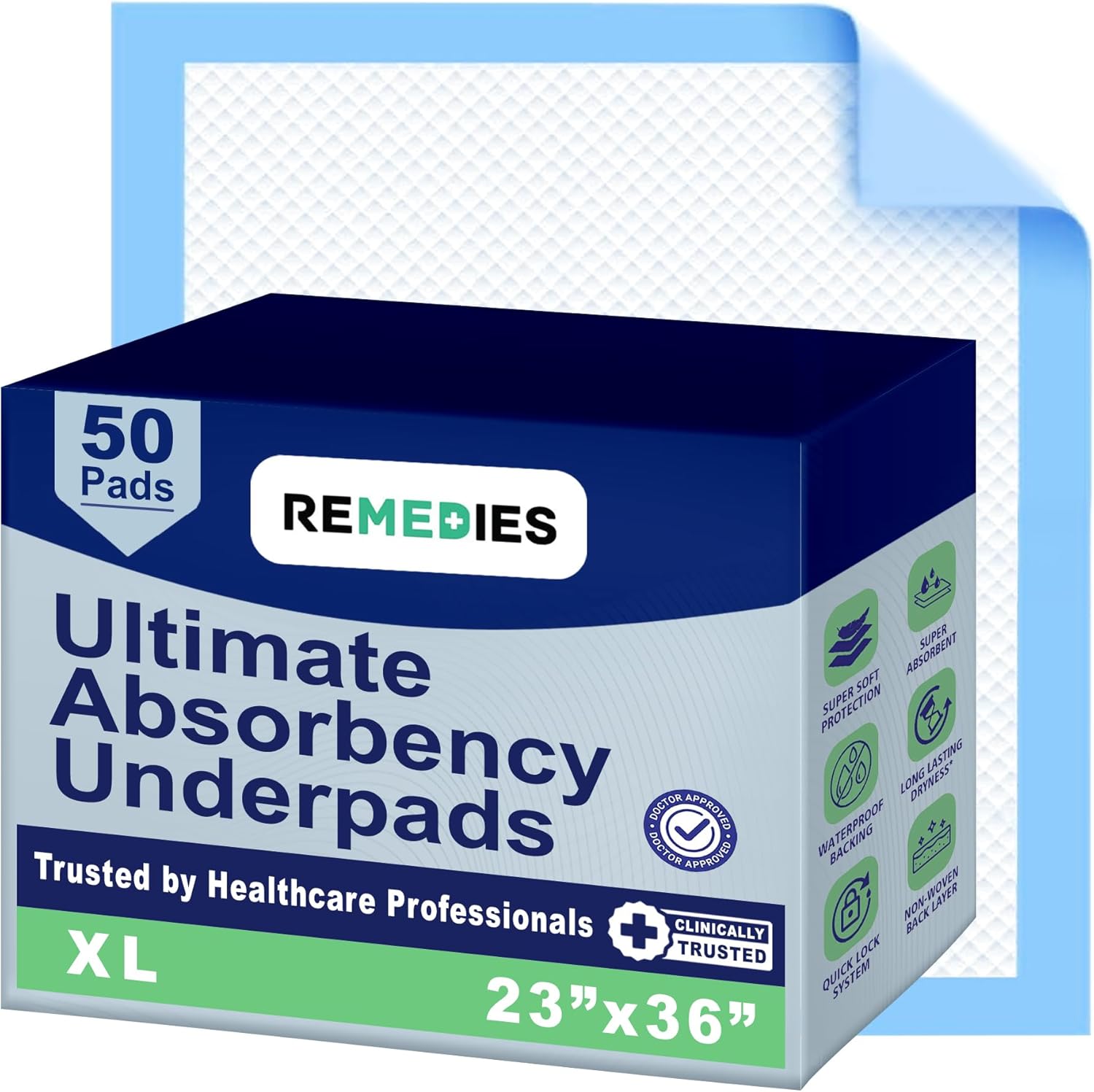Remedies Disposable Underpads 50 count pack front view showing large size specifications