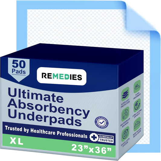 Remedies Disposable Underpads 50 count pack front view showing large size specifications