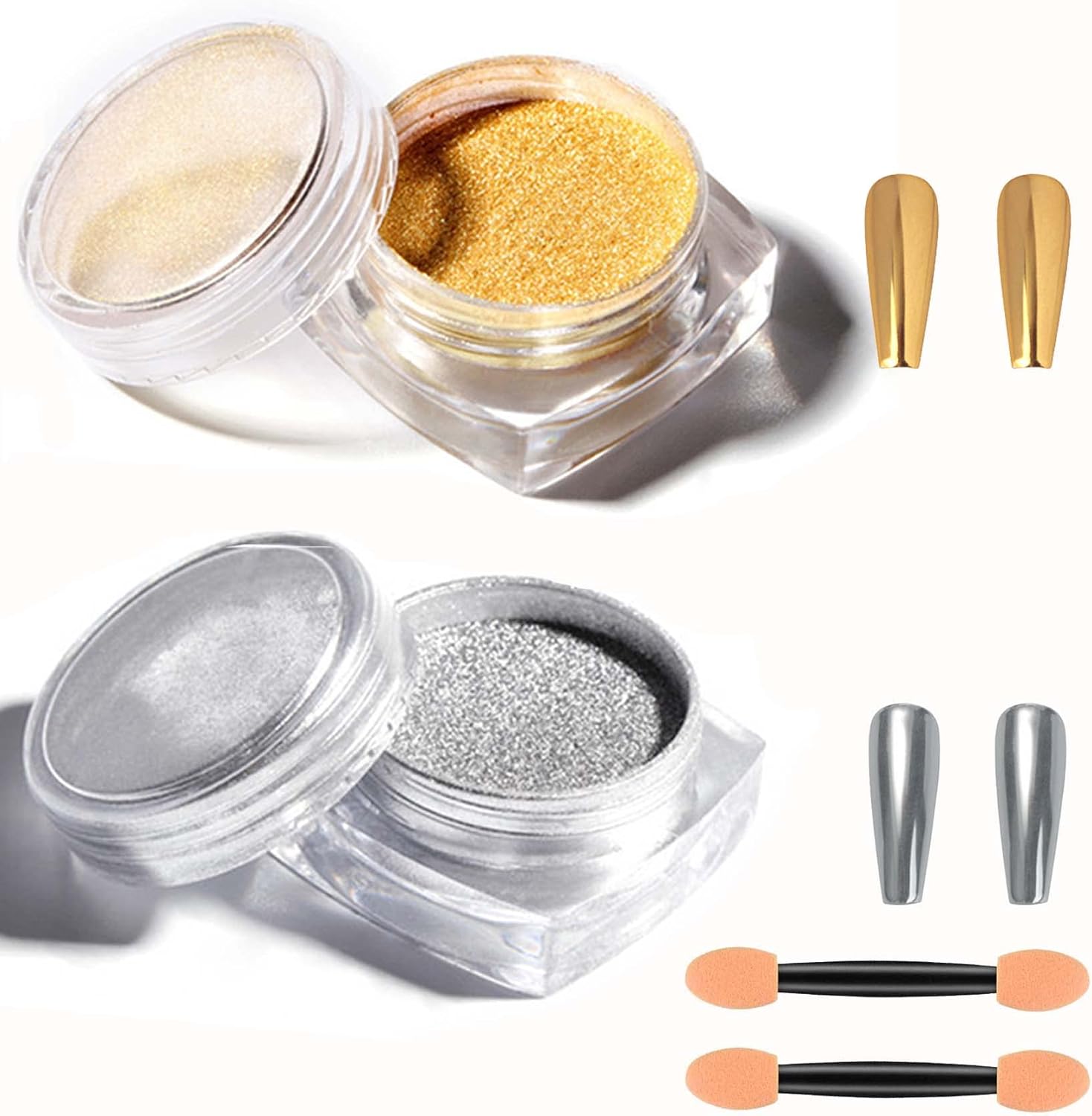 Ezelflow Beauty gold and silver chrome nail powder set front view