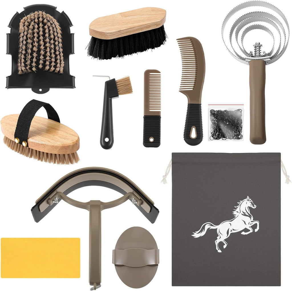 Abbylike 12 Pieces Horse Grooming Kit Racing Festival Tack Room Supplies Horse Brush Sets Equine Care Cleaning Kit Shedding Grooming Massaging Tools(Khaki) - Image 13