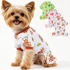 Dinkinty dog pajamas front view showcasing the cute monkey pattern on a small puppy.