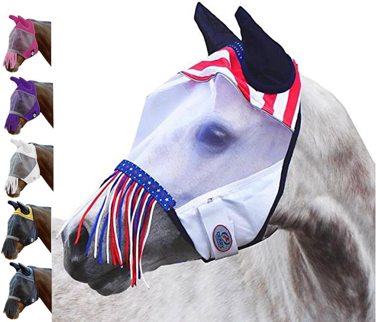Derby Originals Patriotic Reflective Safety Horse Fly Mask with Ears and Nose Cover Fringes,Full Horse (Large) - Image 12