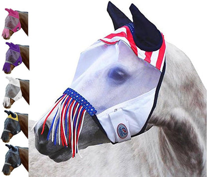 Derby Originals Patriotic Reflective Safety Horse Fly Mask with Ears and Nose Cover Fringes,Full Horse (Large) - Image 12