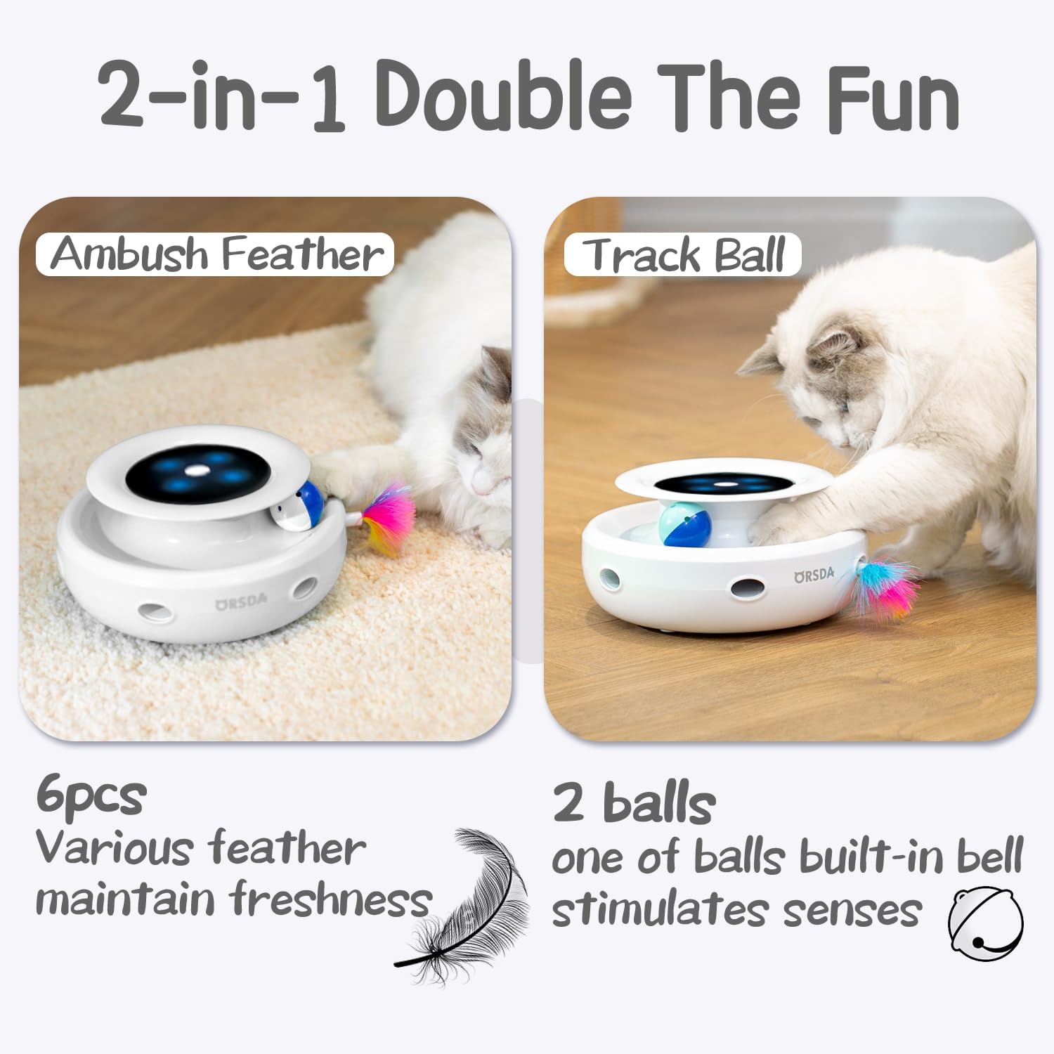 ORSDA electronic pet toy top view highlighting the white ivory housing and dual play modes