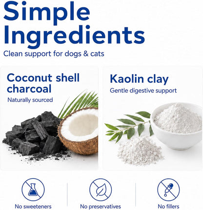 Emergency coconut activated charcoal for dogs and cats to bind ingested household toxins.