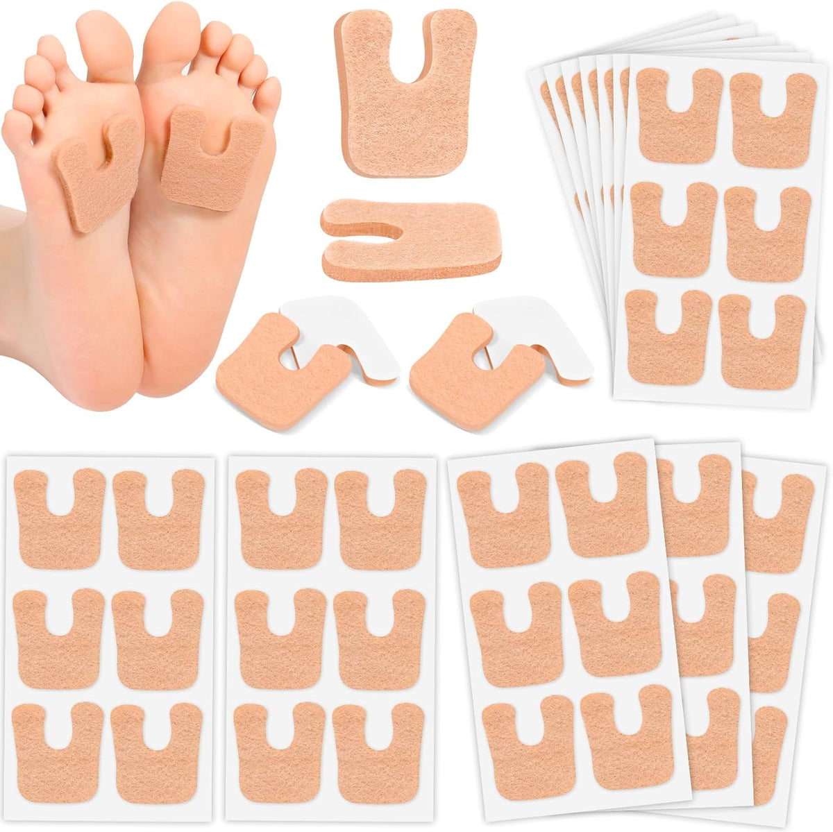 Jollidecor Callus Cushions front view showing 72 piece bulk pack of brown felt pads.