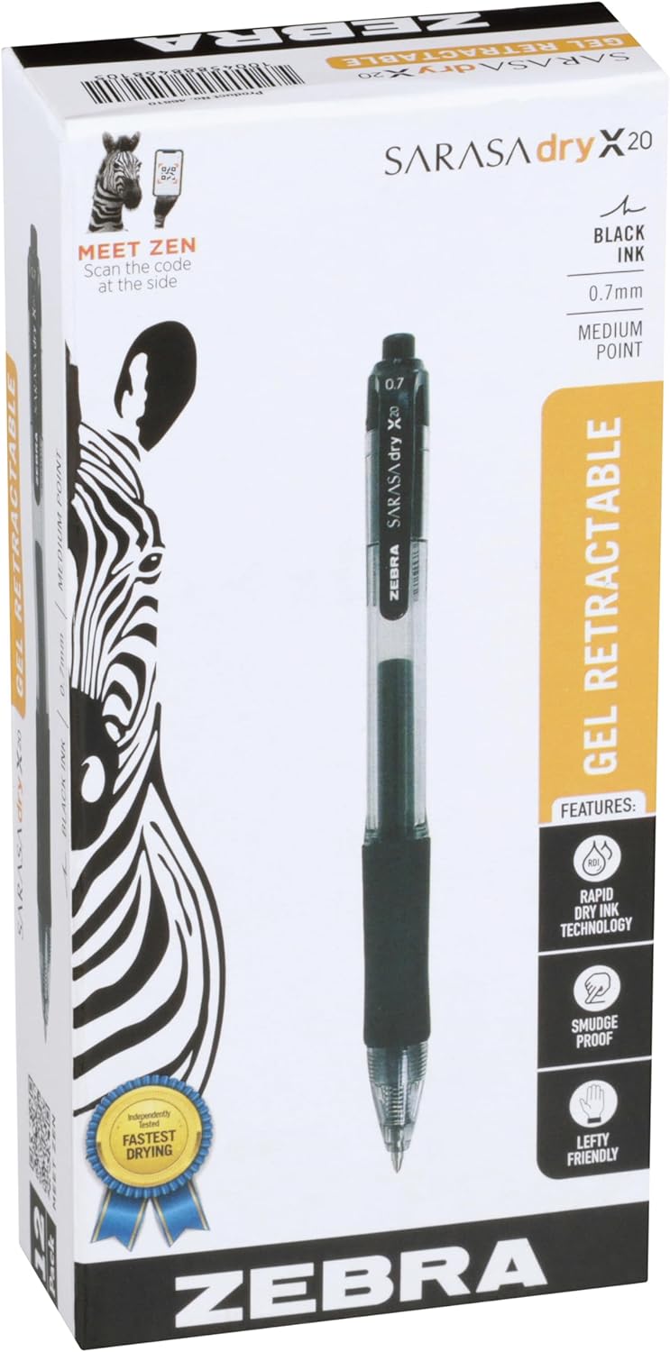 Zebra Pen Sarasa Dry X20 Retractable Gel Pens, 0.7mm Medium Point, Blue Ink with Rapid Fast Dry Ink Technology, Ideal for the Left-Handed, Eliminates Smudging and Smearing in Seconds, 12-Pack (46820) - Image 9
