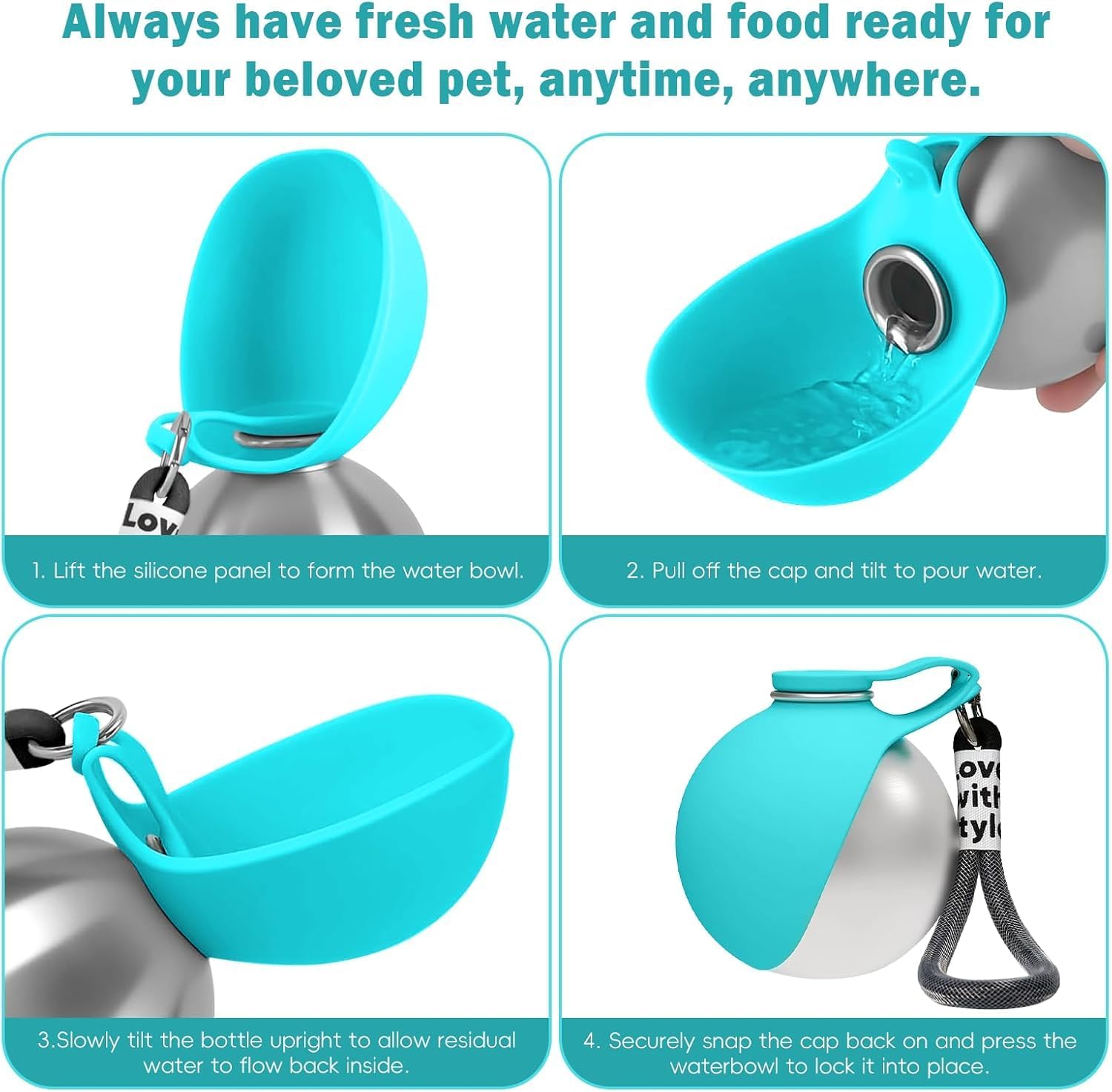 Super Design 304 stainless steel dog water flask showing food grade materials