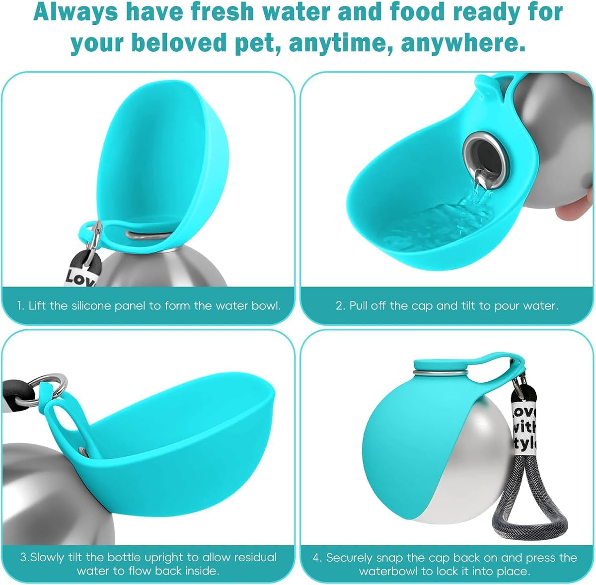 Super Design 304 stainless steel dog water flask showing food grade materials