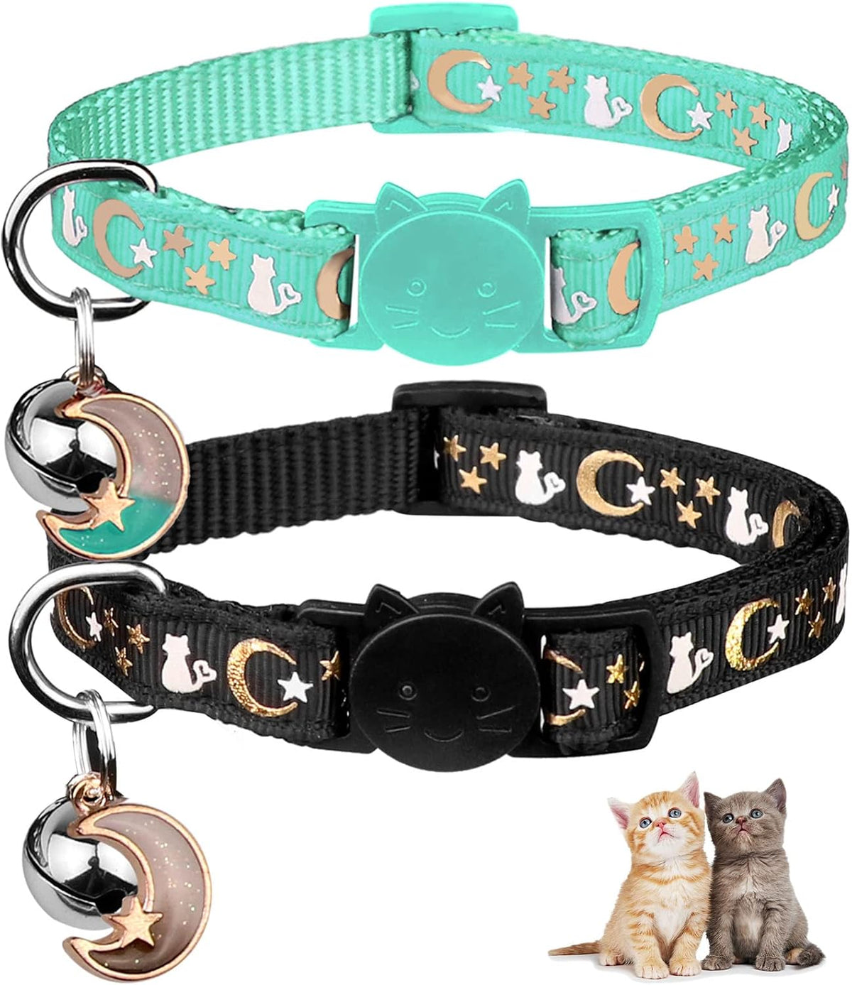 Baeuppit 2PCS Breakaway Cat Collars with Bell Cute Kitty Glow in The Dark Adjustable Kitten Collars(Grey&Black) - Image 10