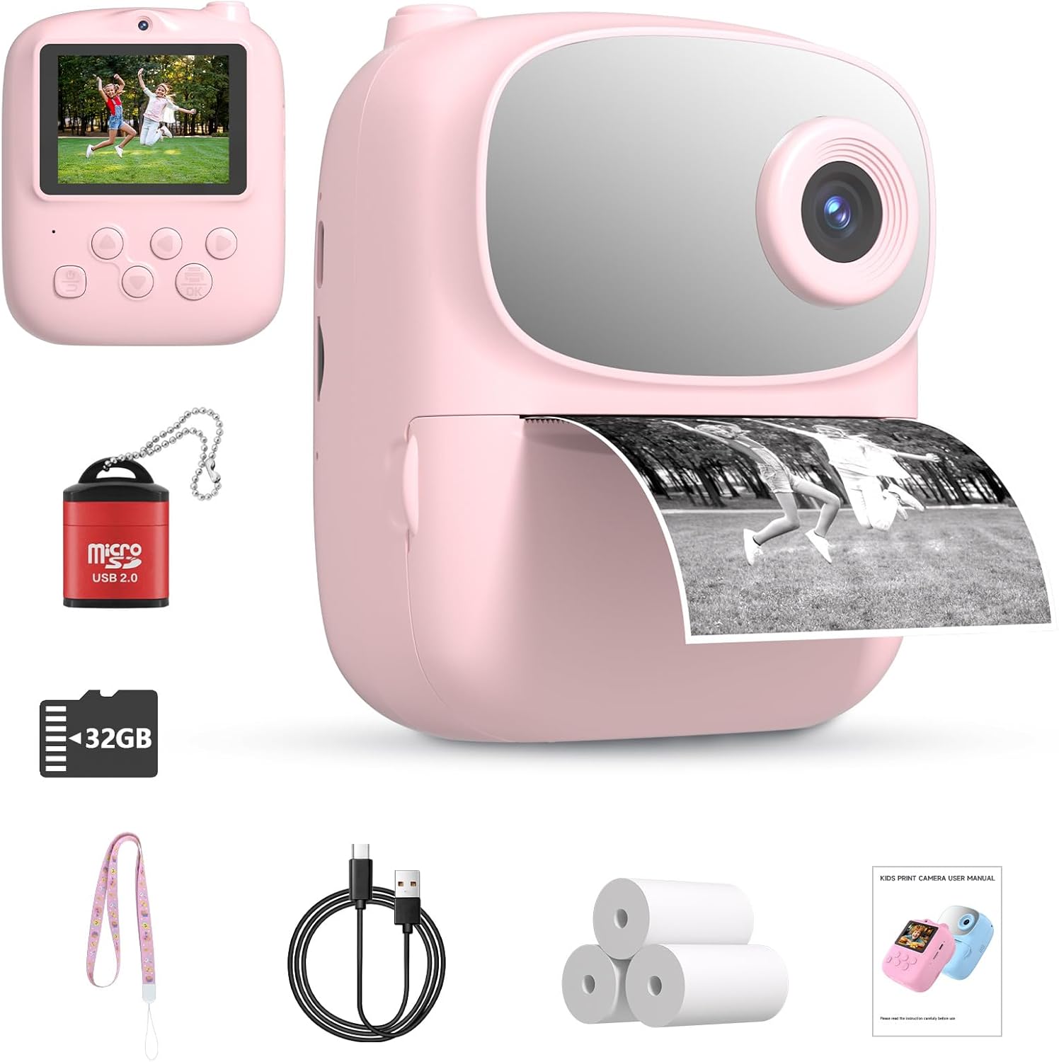 DIGITHINK kids instant print camera front view displaying pink child safe silicone housing and 2.4 inch screen
