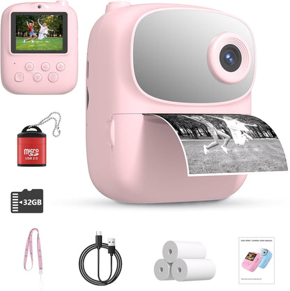 DIGITHINK kids instant print camera front view displaying pink child safe silicone housing and 2.4 inch screen