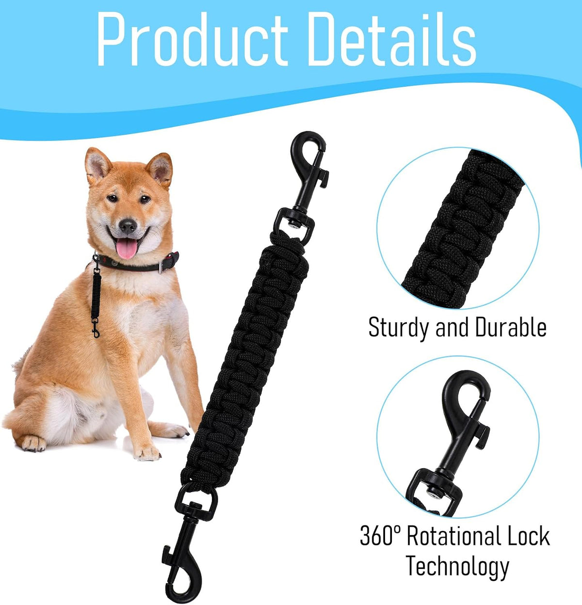 Double ended swivel lobster claw clasps on a black heavy duty paracord dog safety leash connector.