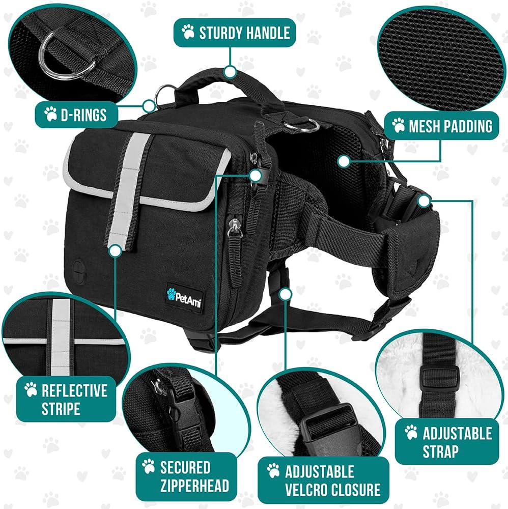 PetAmi Dog Saddle Bag side view highlighting the expandable storage pockets and built-in poop bag dispenser