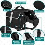 PetAmi Dog Saddle Bag side view highlighting the expandable storage pockets and built-in poop bag dispenser
