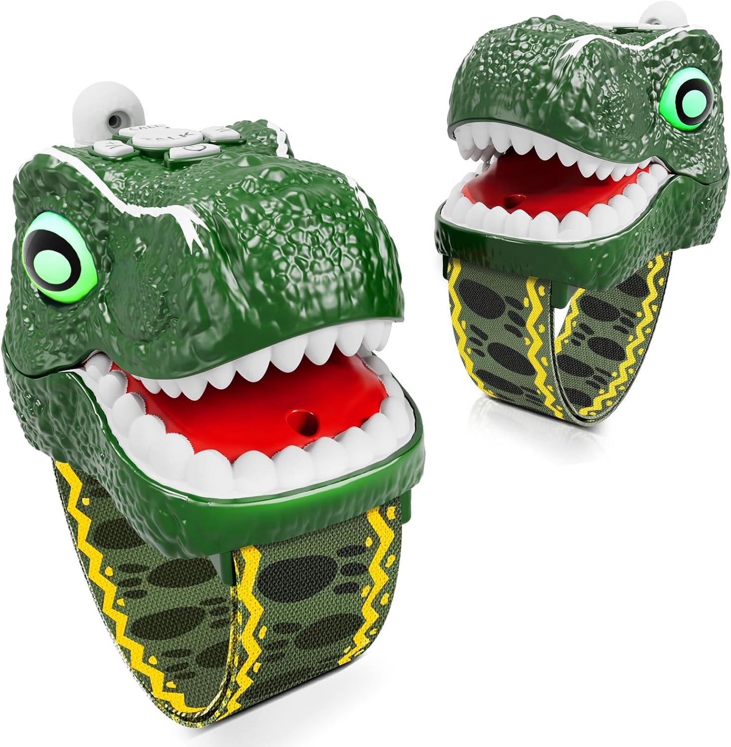 MLDKA dinosaur walkie talkies front view showing green T-Rex shape.