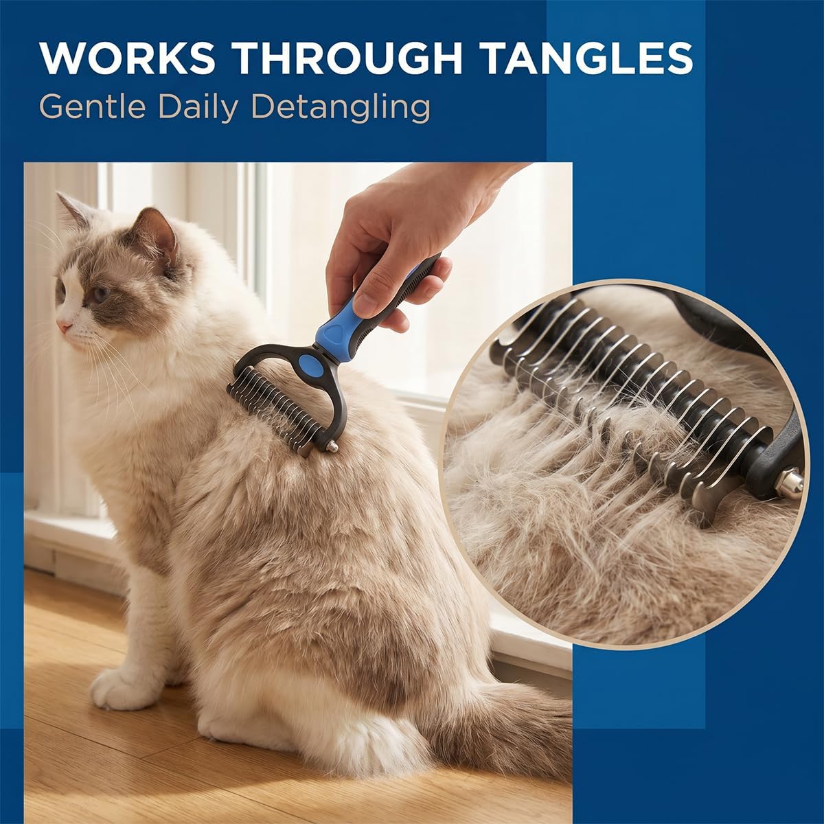 Professional pet shedding comb being used on a long haired cat.