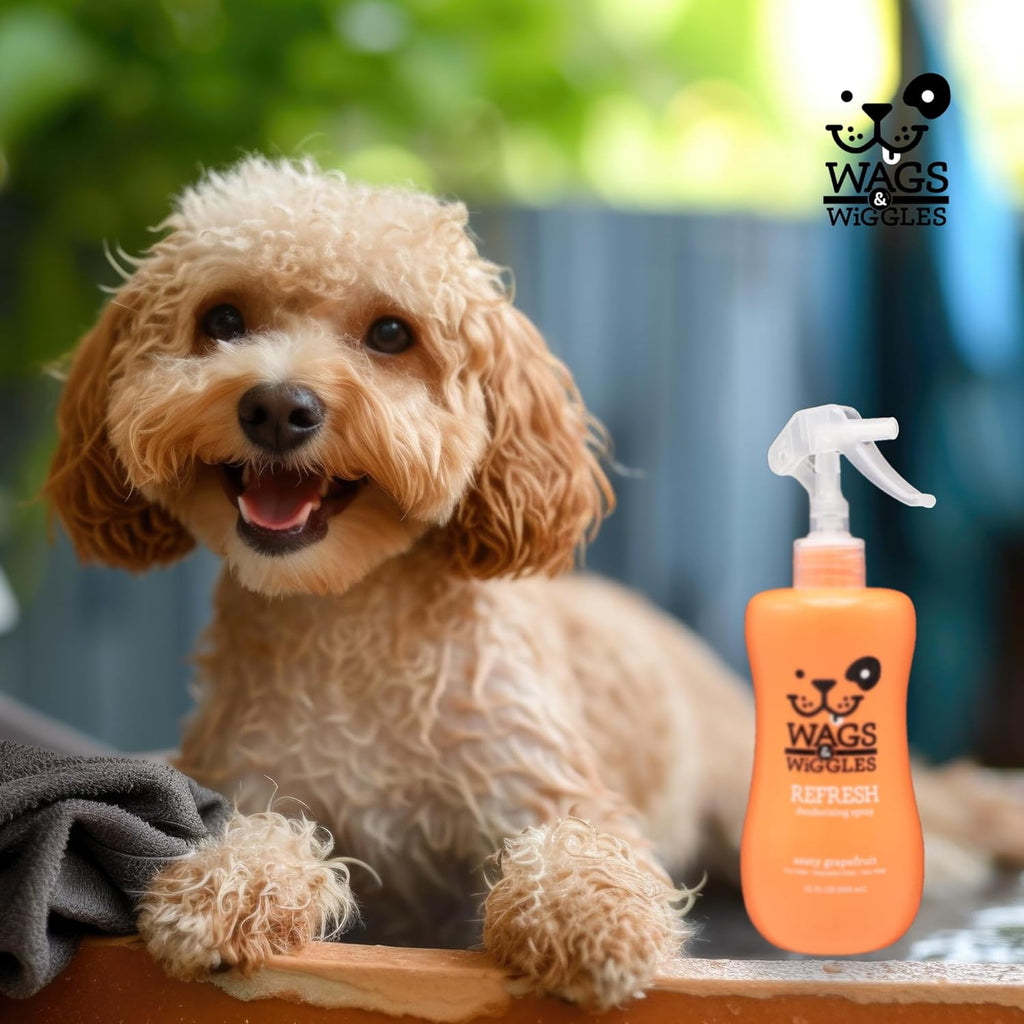 Close up of Wags and Wiggles grooming spray label