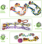 Overview of all nine items in the SHARLOVY pet chew kit showing different knot patterns and sizes