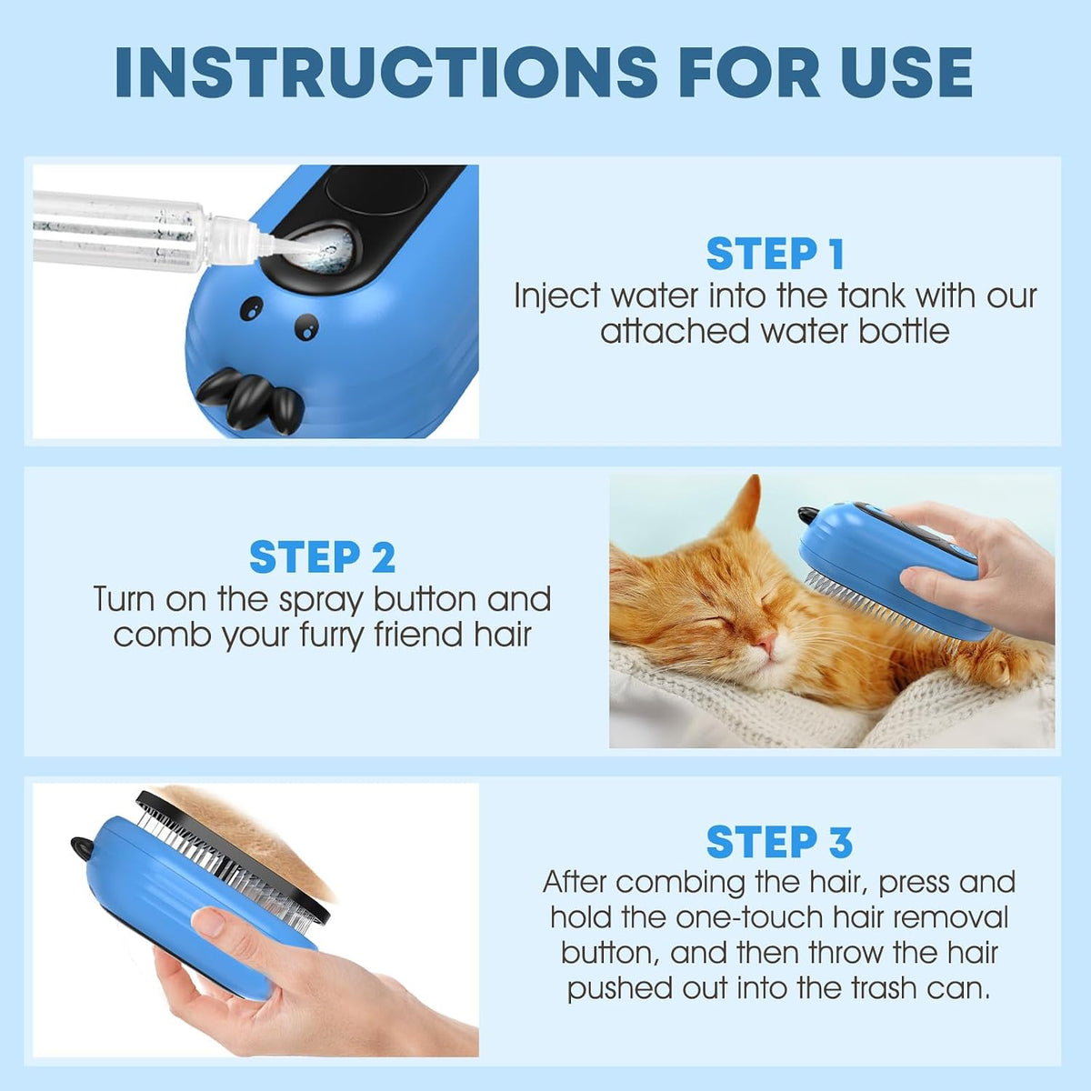 Cat Steam Brush for Shedding, Steam Brush for Cats with Release Button, 3in1 Self Cleaning Cloud Care Cat Hair Brush, Rechargeable Cat Deshedding Brush with Steam for Long & Short Haired Cats and Dogs - Image 9