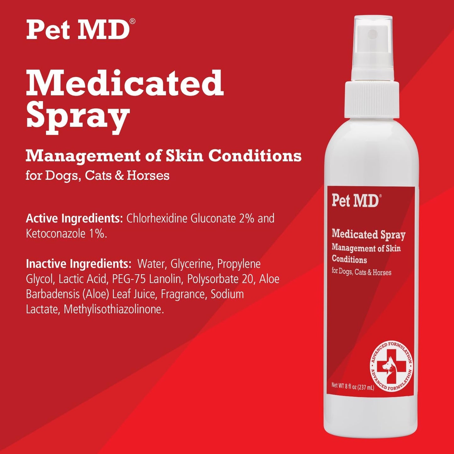 Pet MD medicated spray for dogs cats and horses showing active ingredients label