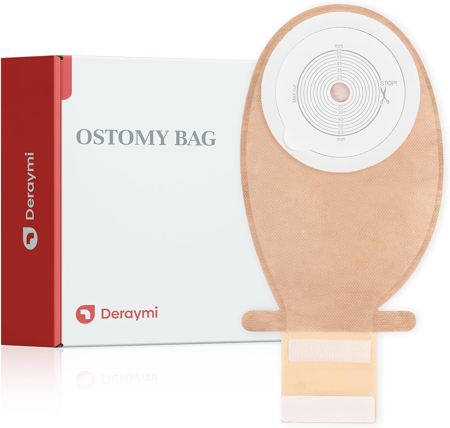 DERAYMI 20 Pieces One Piece Colostomy Bags front view showing the cut to fit hydrocolloid wafer scale.