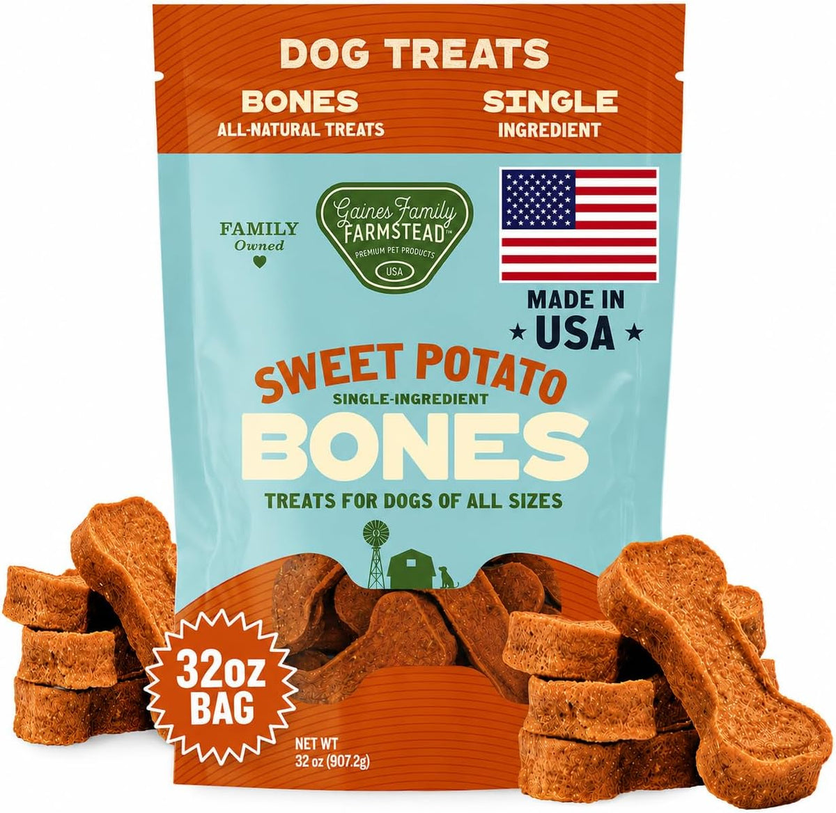 Gaines Family Farmstead Sweet Potato Dog Bones 32 ounce bag front view