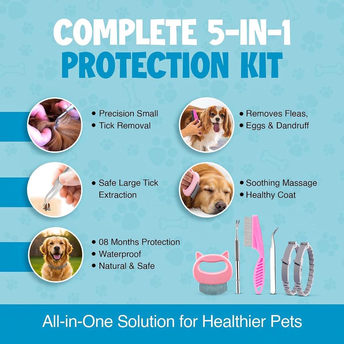 Close up of BKRMART flea and tick collar with grooming tools
