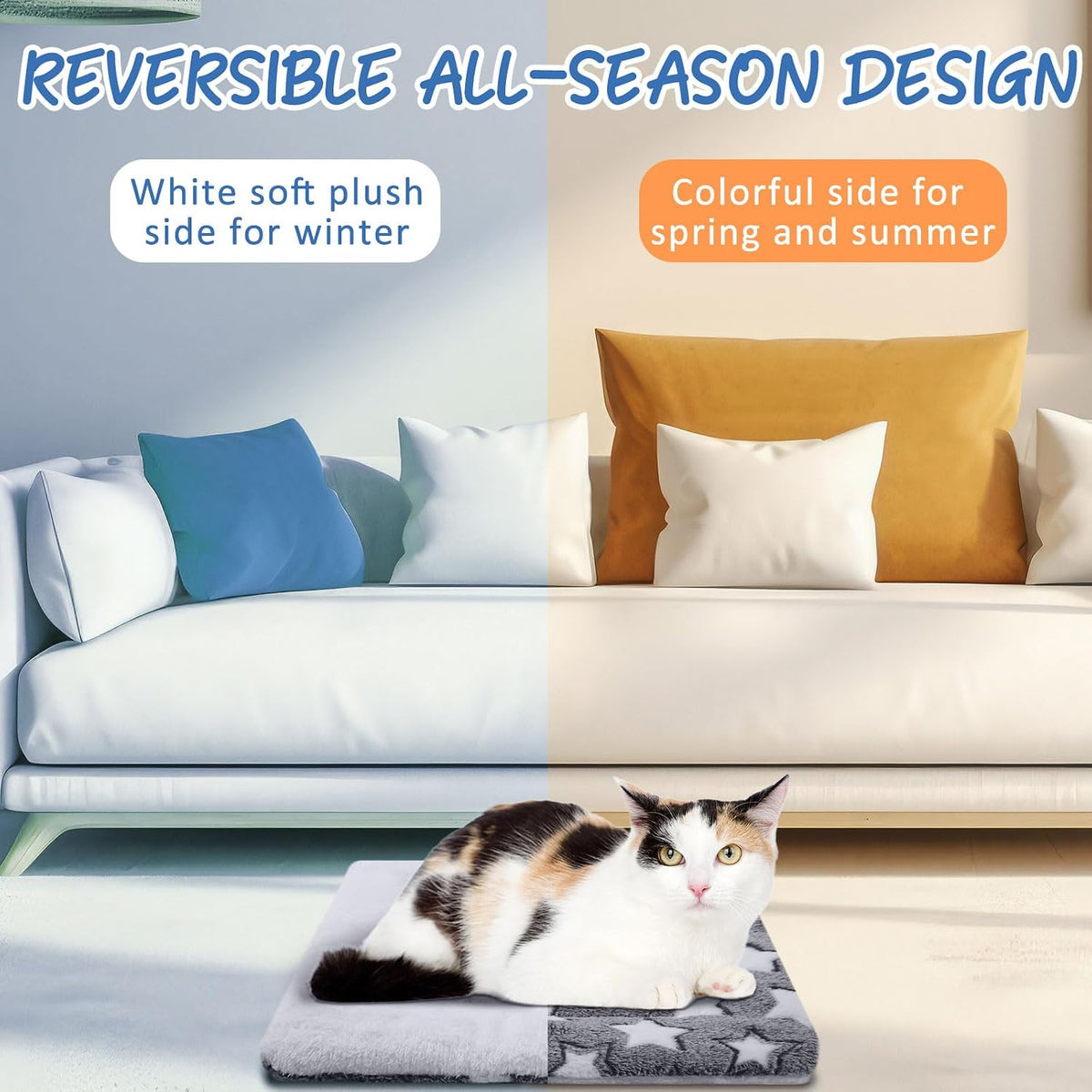 Seventeen by seventeen inches cat heating mat placed on a living room floor