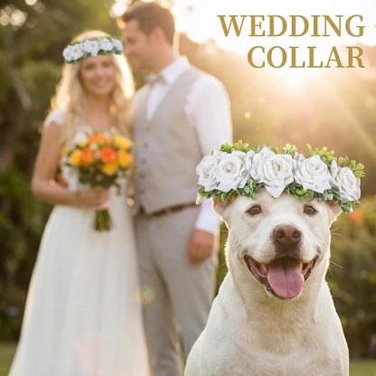 Quilax dog wedding attire garland being adjusted on a small puppy.