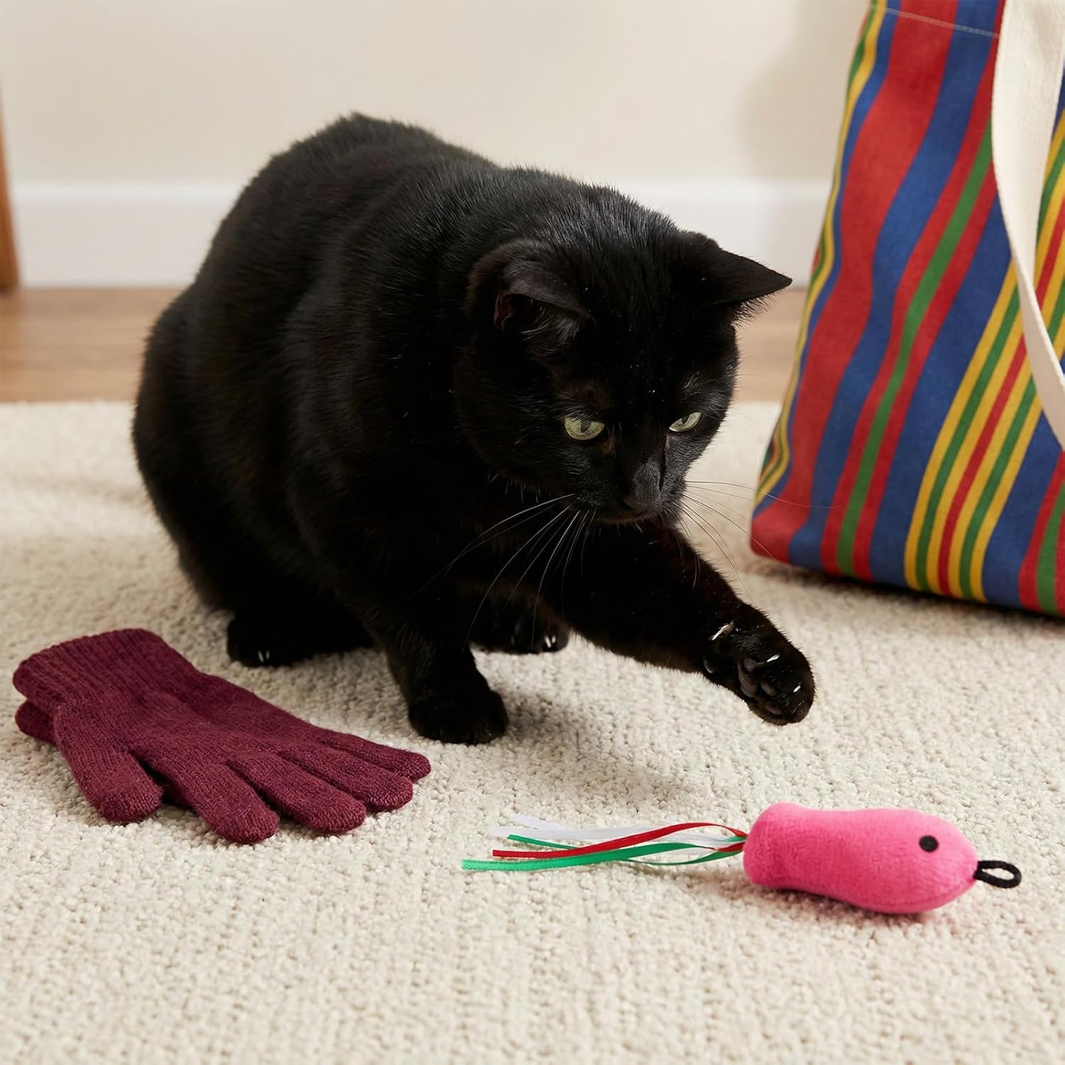 Six piece interactive cat toy assortment close up details